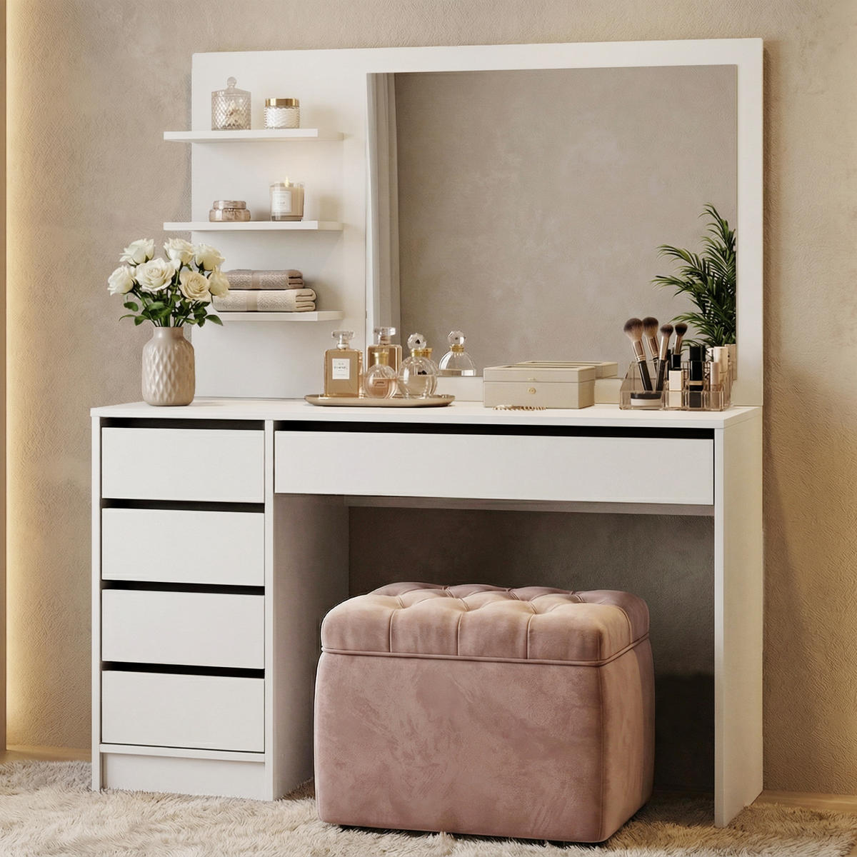 SCHMINKTISCH Malta mit 5 Schubladen, mit Spiegel, grifflos, Weiß - Weiß, Holzwerkstoff (120/145.5/57cm) - Beautysofa