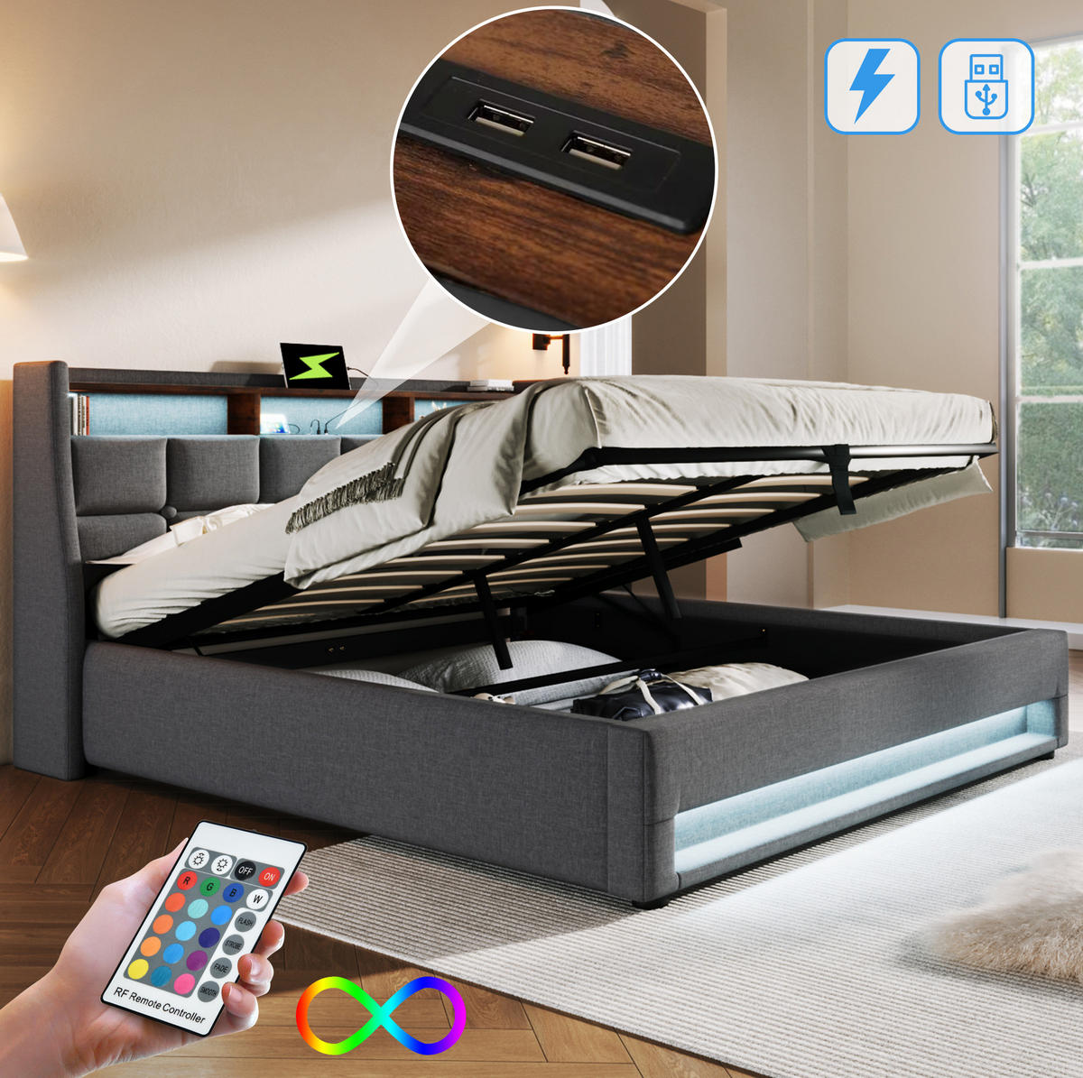 POLSTERBETT 180/200 cm grau mit USB-Anschluss und LED-Beleuchtung - Grau, Textil (180/200cm) - OKWISH
