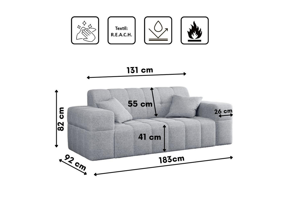 SOFA 2-sitzer Couch serie NIMES Stoff Verita Grau - Grau, Holz (183/82/92cm) - Kaiser Möbel