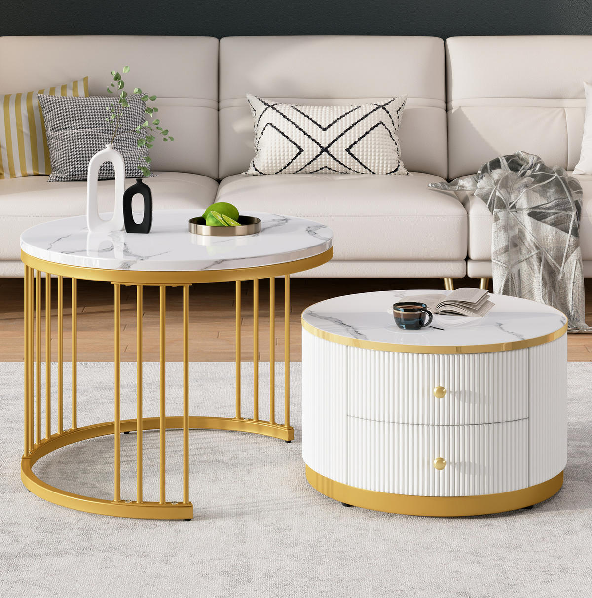 COUCHTISCH 2er-Set rund 60/50 cm Weiß MDF - Weiß, Wellpappe (60/60/45.5cm) - Meubliv