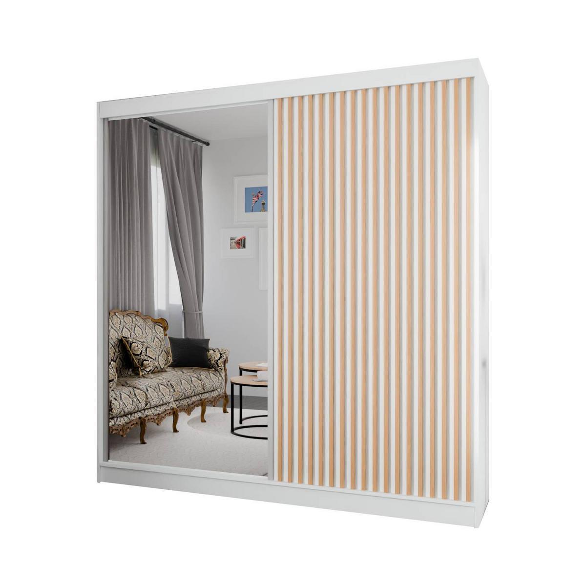 SCHIEBETÜRENSCHRANK LAMELIS - Eiche Wotan/Weiß, Holzwerkstoff (200/215/61cm) - Meblini