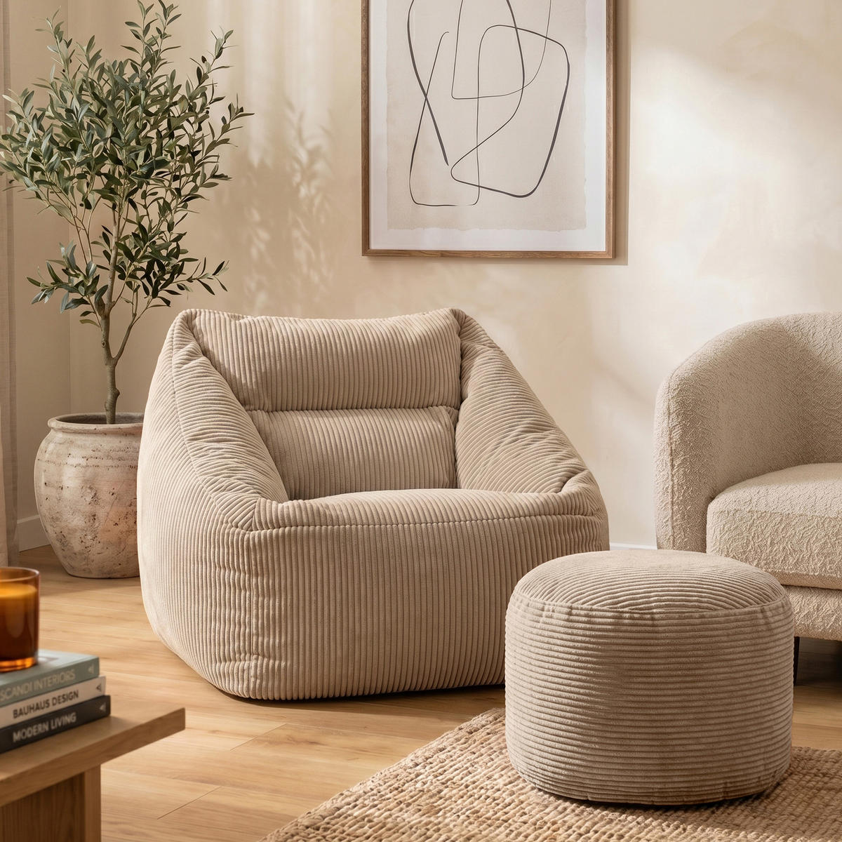 SITZSACK Sessel Natalia mit Sitzpouf - Beige, Textil (100/80/88cm) - icon