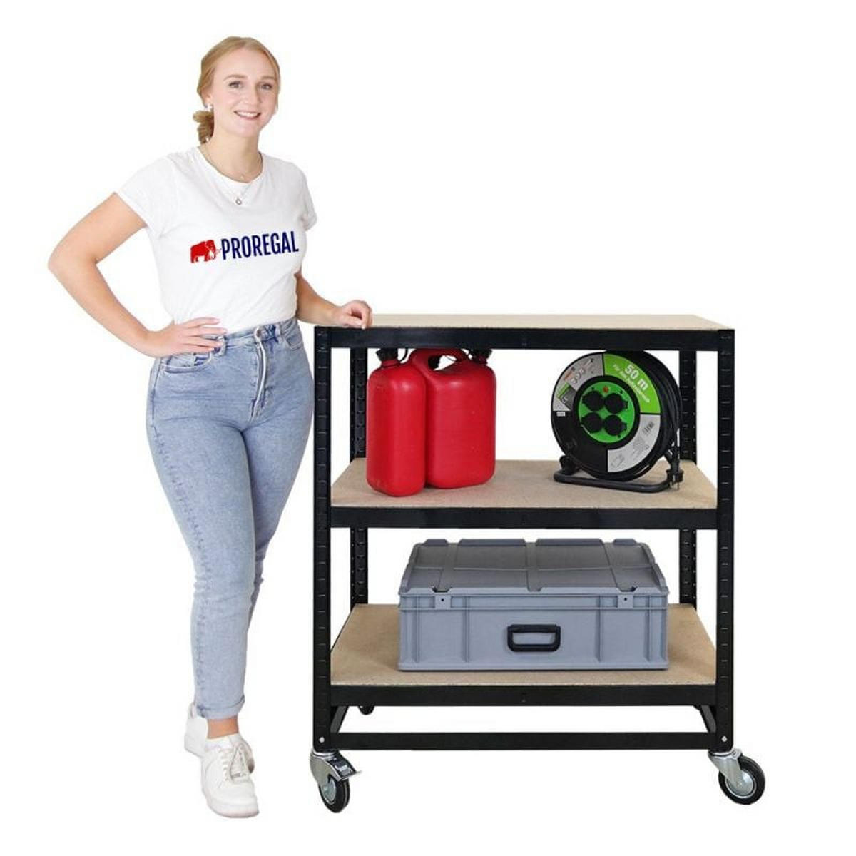 KOMMISSIONIERWAGEN BÜFFEL, 100x90x50cm, 3 Ebenen, Fachlast 50kg, 2X Lenkrollen & 2X Lenkrollen mit Feststellbremse, Schwarz - Schwarz, Metall (90/100/50cm) - PROREGAL