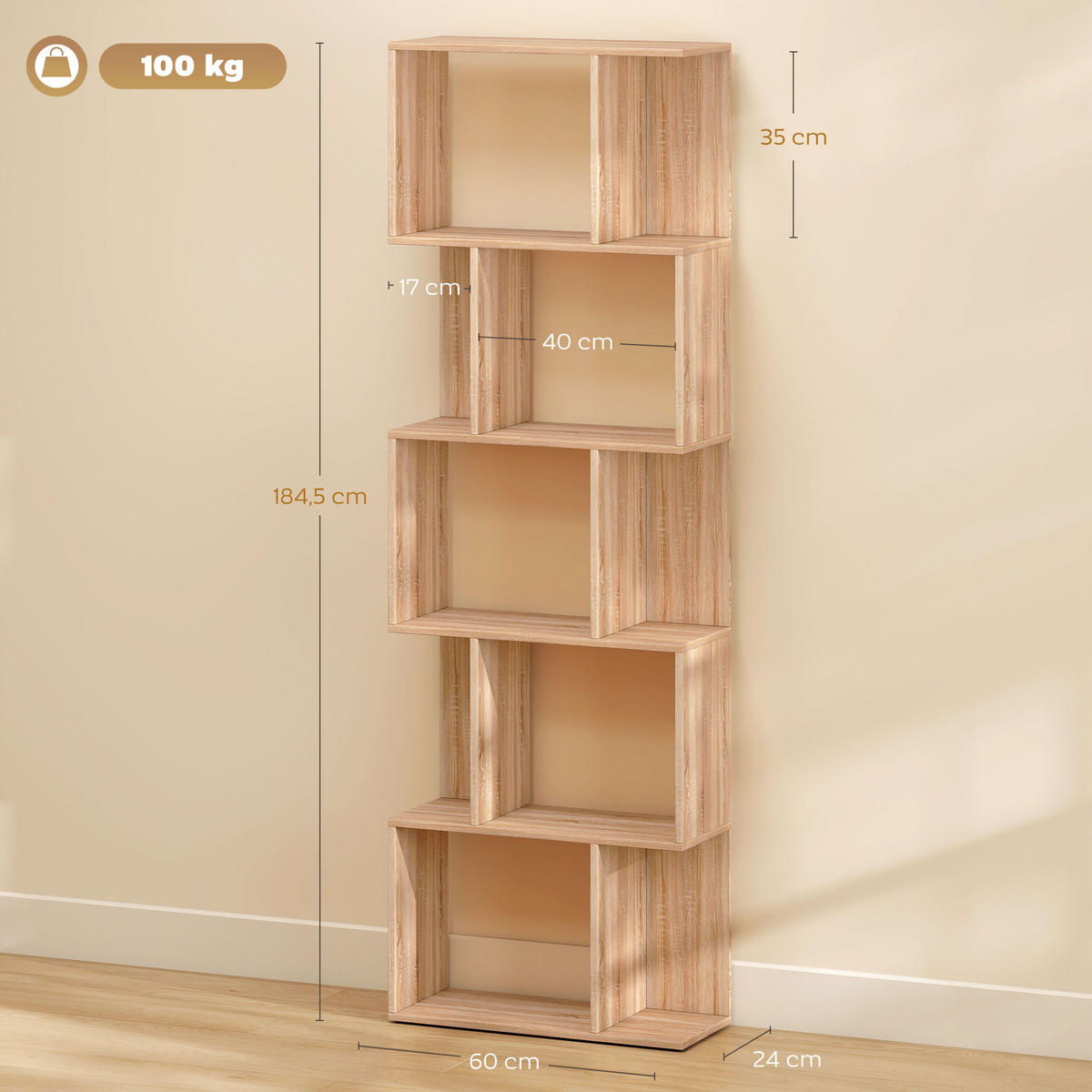 BÜCHERREGAL,5-STUFIG S-förmig 24x60x184,5cm,natur - Beige, Holzwerkstoff (60/184.5/24cm) - Vallsero