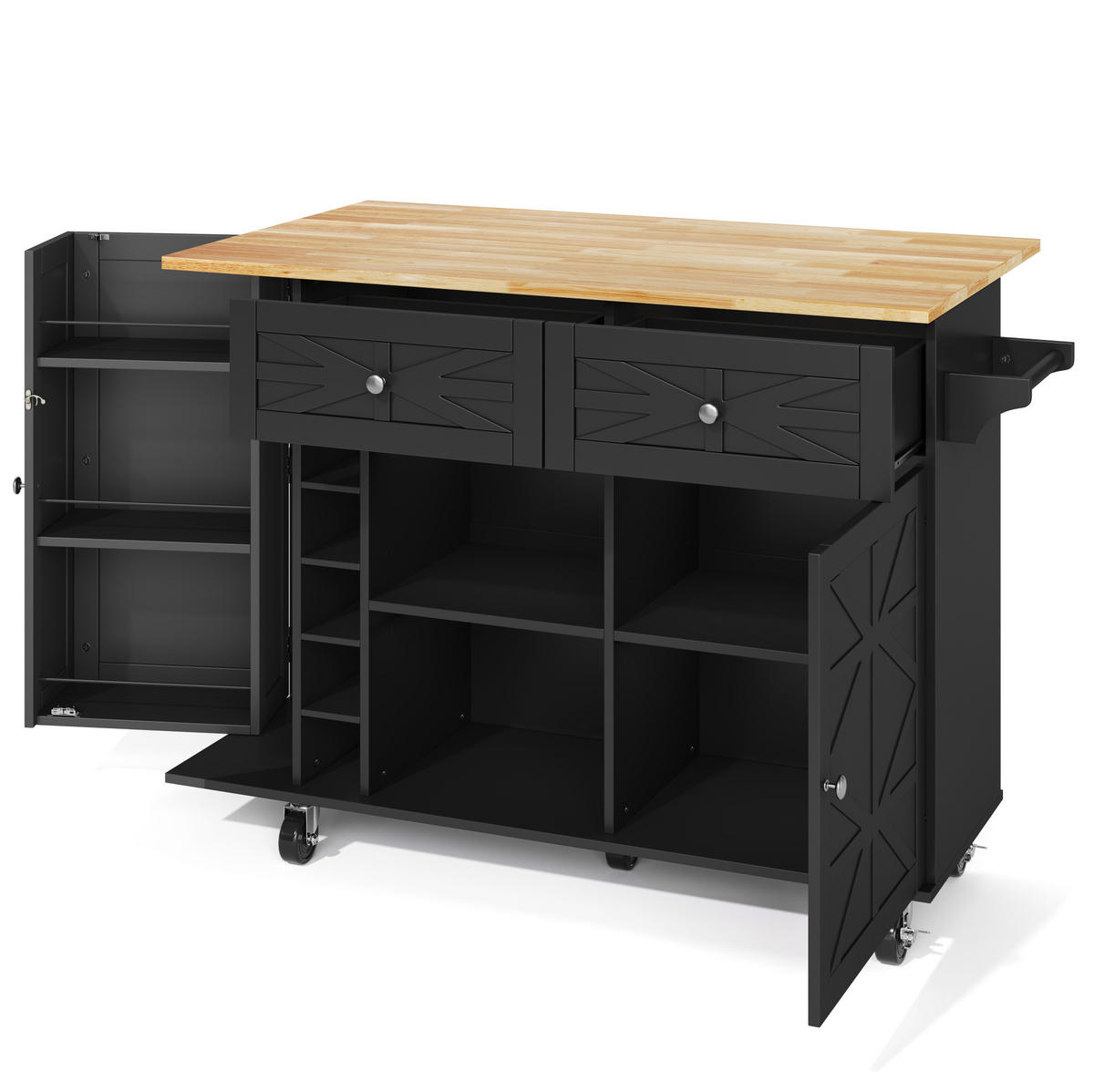 KÜCHENINSEL 120/45(70)/89 cm schwarz mit Klappplatte & Schubladen - Schwarz, Holzwerkstoff (120/89/70cm) - OKWISH