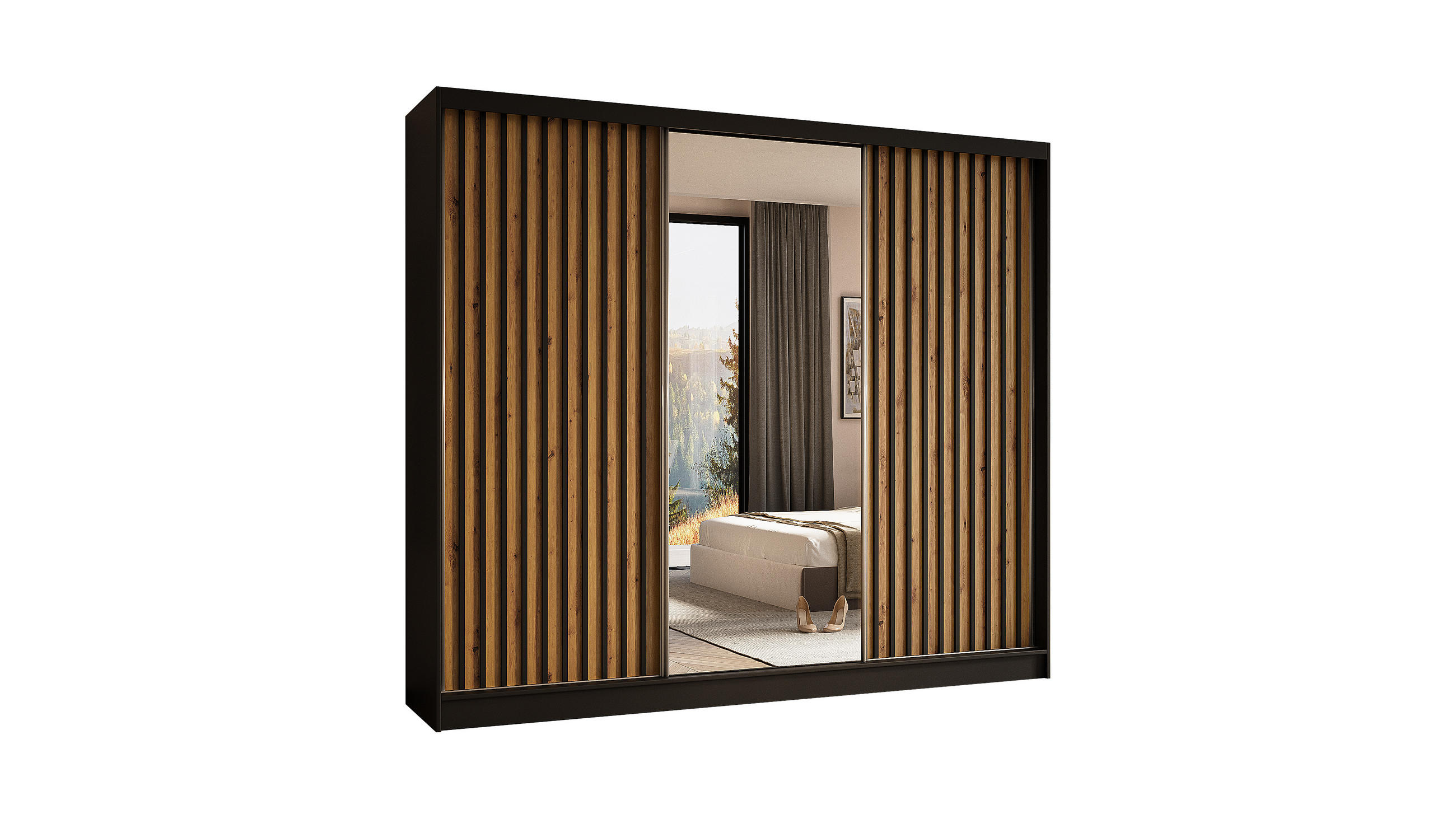 KLEIDERSCHRANK mit Spiegel-Schiebetüren und Aluminium-Leisten - LAMELO - 240 cm Schwarz+Artisan+Schwarz - Schwarz, Holzwerkstoff (240/216/61cm) - ALTDECOR
