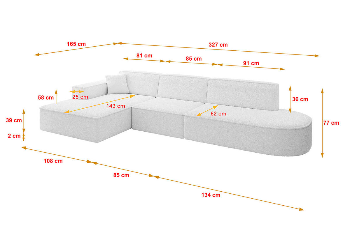 ECKSOFA Ottomane Links IREA-L2-v4 - 327x165x77 cm Weiß - Weiß, Holzwerkstoff/Textil (327/165cm) - ALTDECOR
