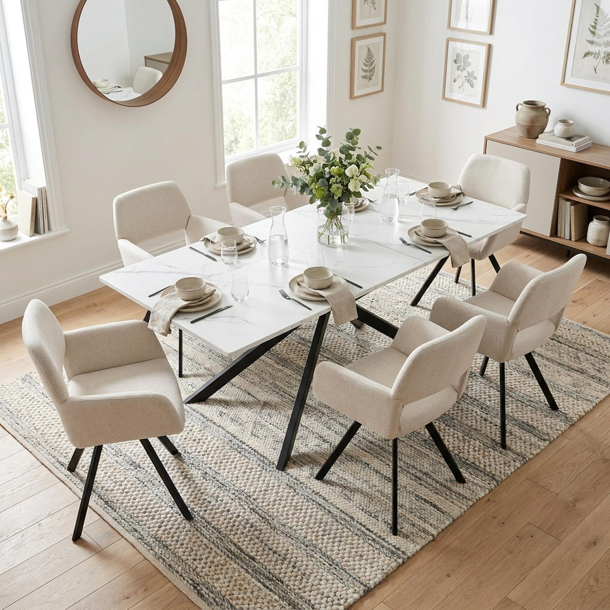 ESSTISCH-SET 1+6, ausziehbarer Tisch mit 6 Esszimmerstühlen - Schwarz/Weiß, Holzwerkstoff (180/75.5/70cm) - Urban Meuble