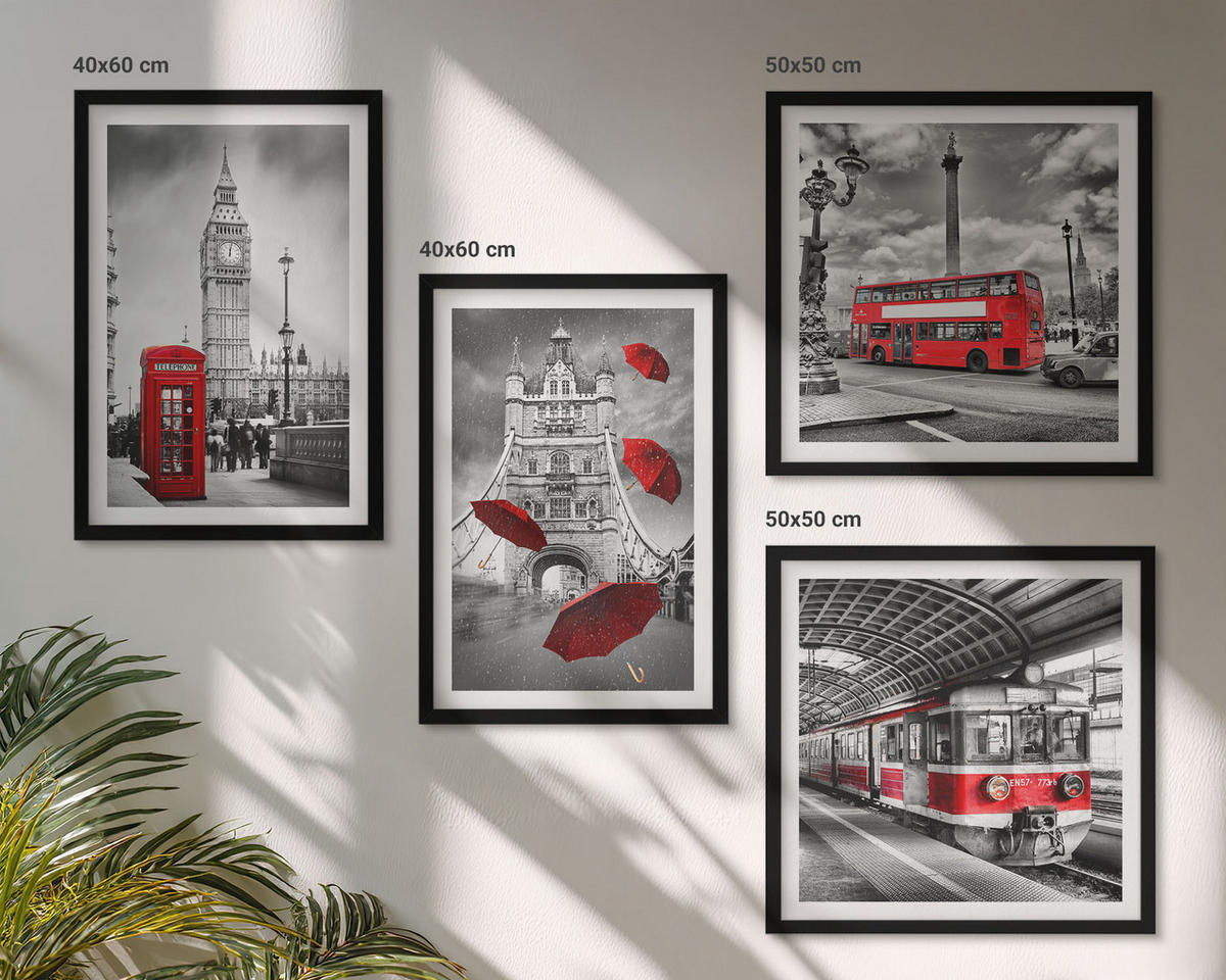 BILDER SET 4er Set - 50x50 cm & 40x60 cm Schwarzer Rahmen - Red Accents London - Schwarz, Kunststoff (50/50cm) - TULUP