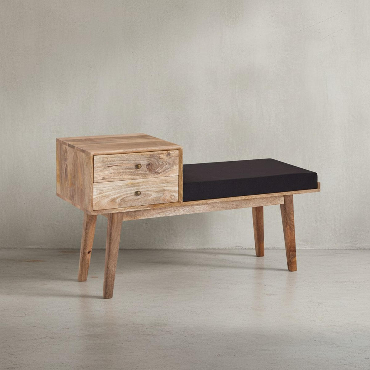 SITZBANK – Mango Holz, Schwarz, Schubladen, Retro-Stil - Schwarz/Braun, Holz/Textil (120/65/40cm) - KADIMA DESIGN