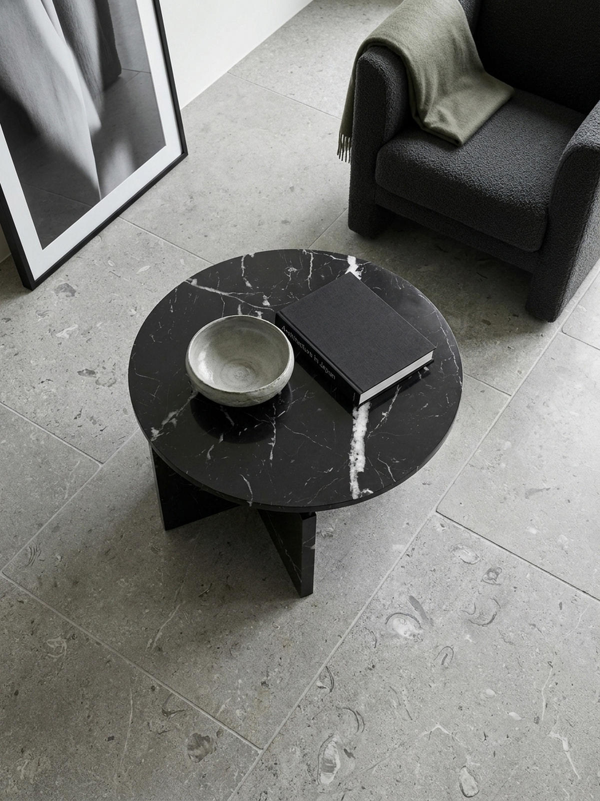 COUCHTISCH rund in Stein-Optik – modernes Design in Großformat, Schwarz 60x60x33 cm - Schwarz, Holzwerkstoff (60/60/33cm) - KADIMA DESIGN