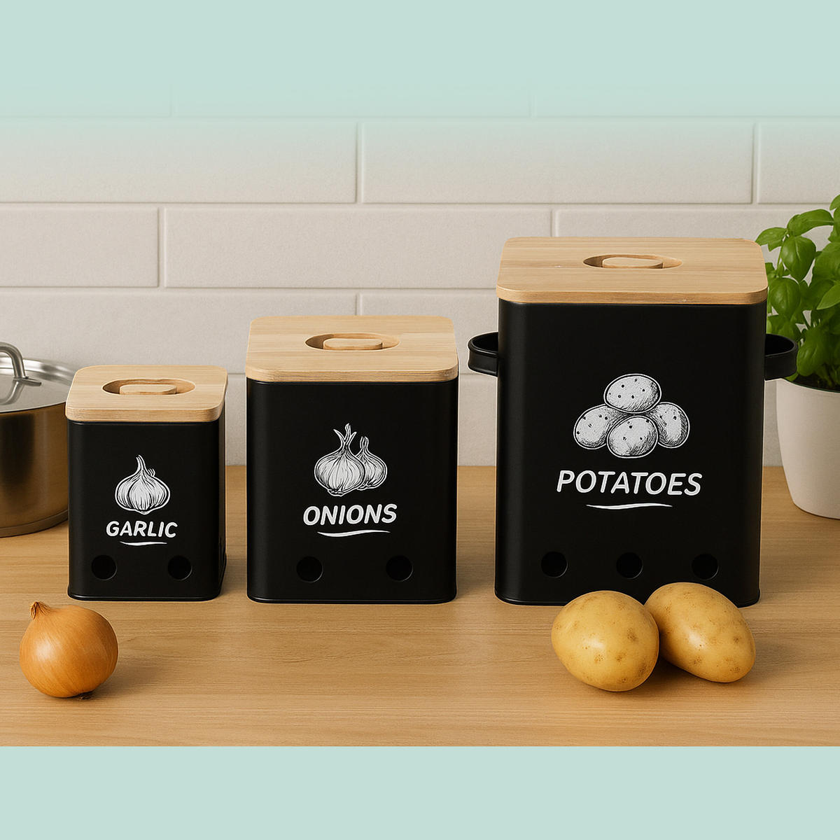 3XKARTOFFEL-AUFBEWAHRUNGSBOX - Schwarz, Holz/Kunststoff - Relaxdays