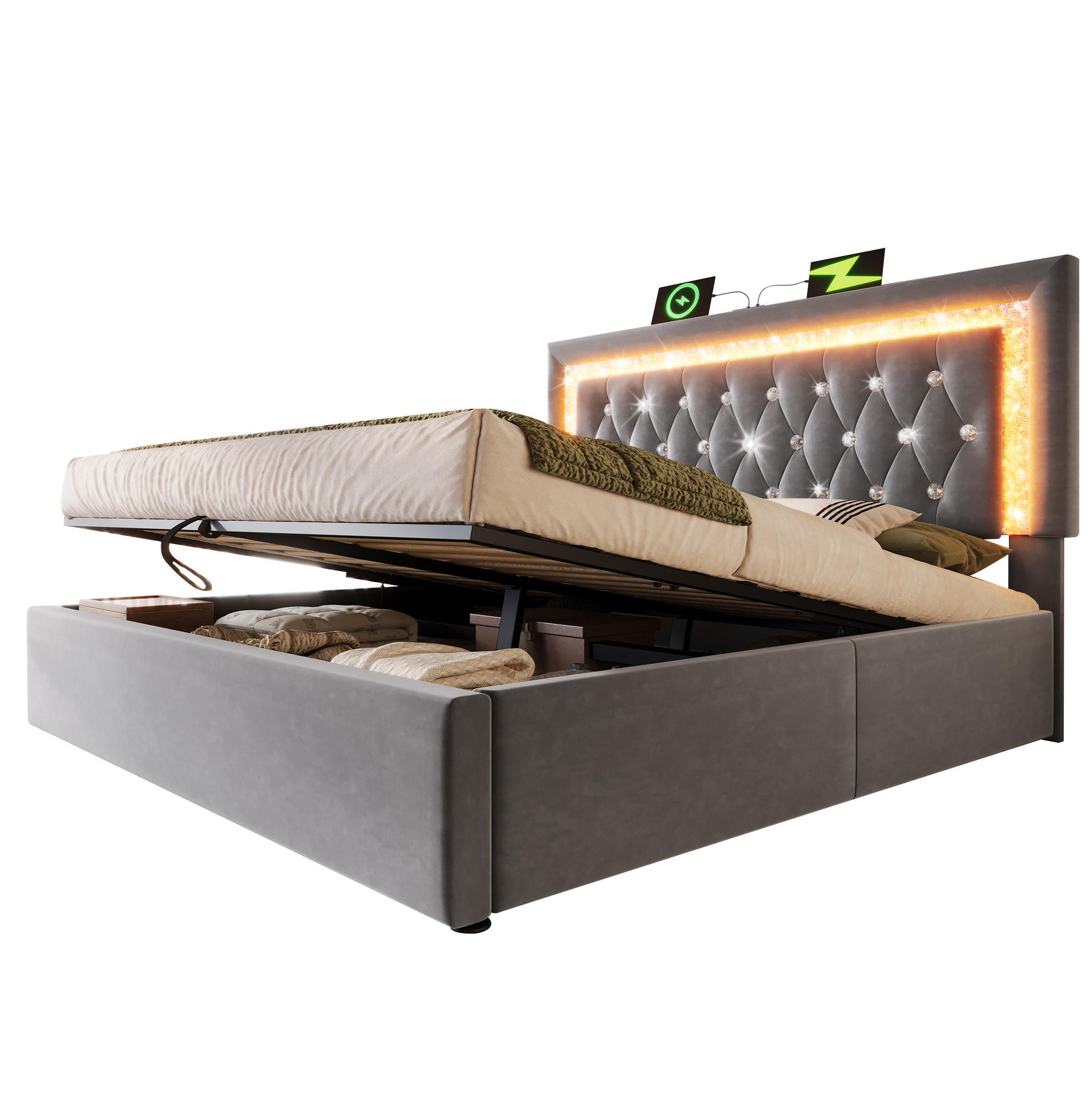 POLSTERBETT 160/200 cm Grau mit LED-Beleuchtung Stauraum USB- und Type-C-Anschlüssen mit Matratze - Grau, Textil (160/200cm) - OKWISH