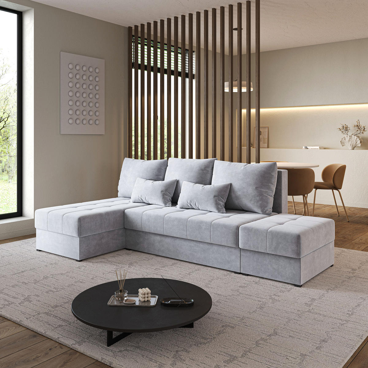 ECKSOFA NORVI Hellgrau Plüsch-Stoff mit Schlaffunktion - Hellgrau, Holz (251/143cm) - MASSENO