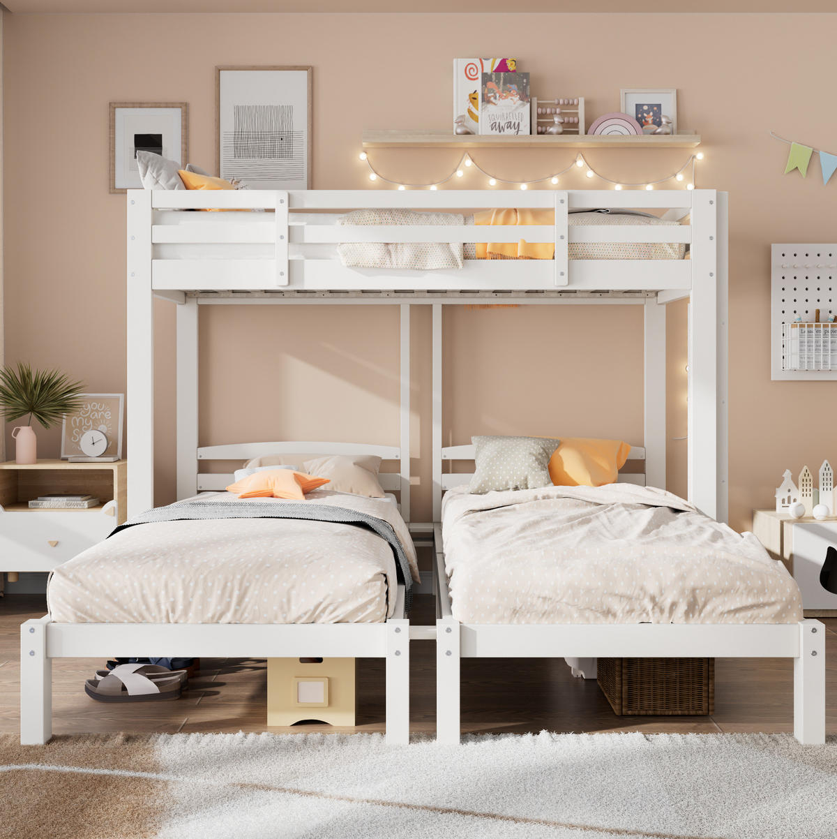 ETAGENBETT Kinderbette 90/200 cm aus Kiefer massiv mit flexibler Seitenleiter Weiß - Weiß, Holz (90/200cm) - Modenvie
