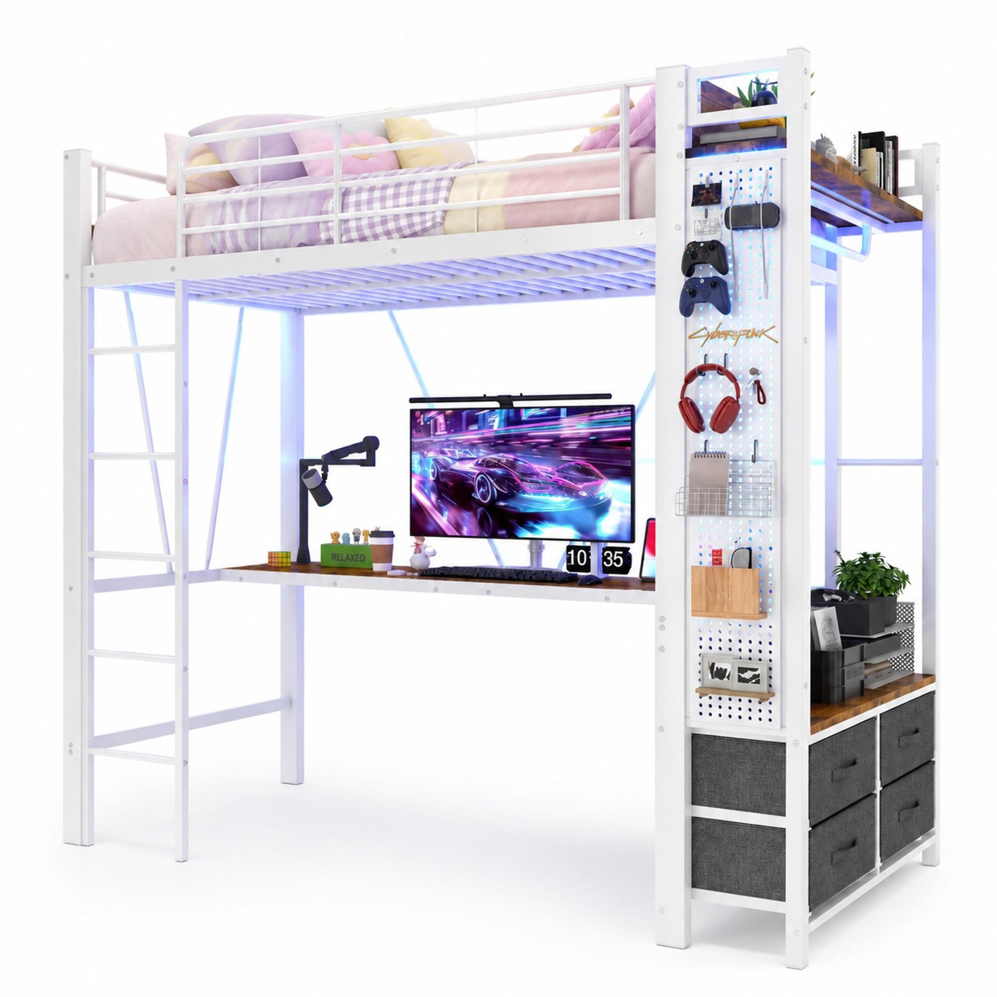 HOCHBETT 90/200 mit Schreibtisch, LED und USB/Type-C-Steckdose in Weiß - Weiß, Holz/Metall (90/200cm) - EVRYAE