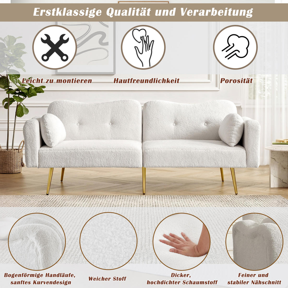 SOFABETT Zweisitzer Wollmischgewebe mit 3-fach verstellbarer Rückenlehne Weiß 175/79/82 cm - Weiß, Textil (79/82/175cm) - Redom