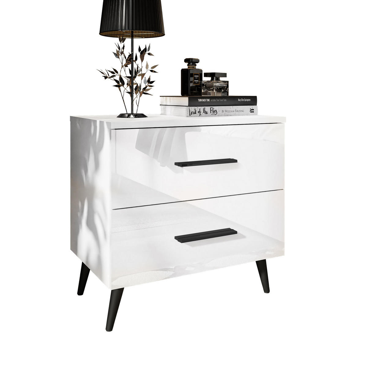 NACHTTISCH AURA mit Griffen, schwarzen Beinen - Weiß, Holzwerkstoff (55/54/37cm) - Lookway