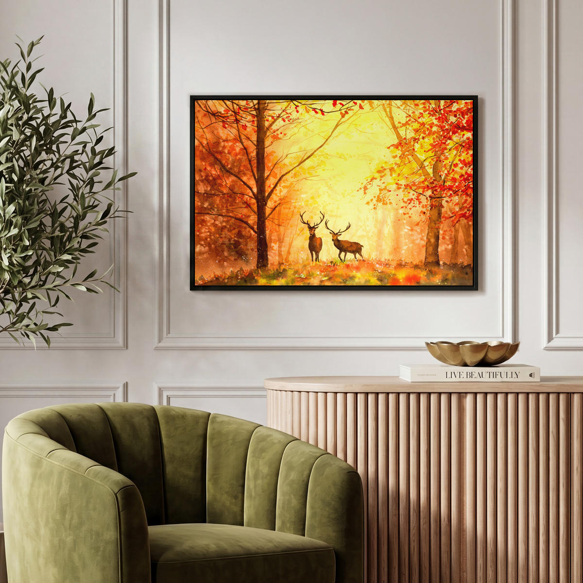 LEINWAND Bilder mit Rahmen - Natur - Ölfarbe - Hirsche - Tiere - Herbst - Orange - 60x40 - Orange, Textil (60/40cm) - MuchoWow