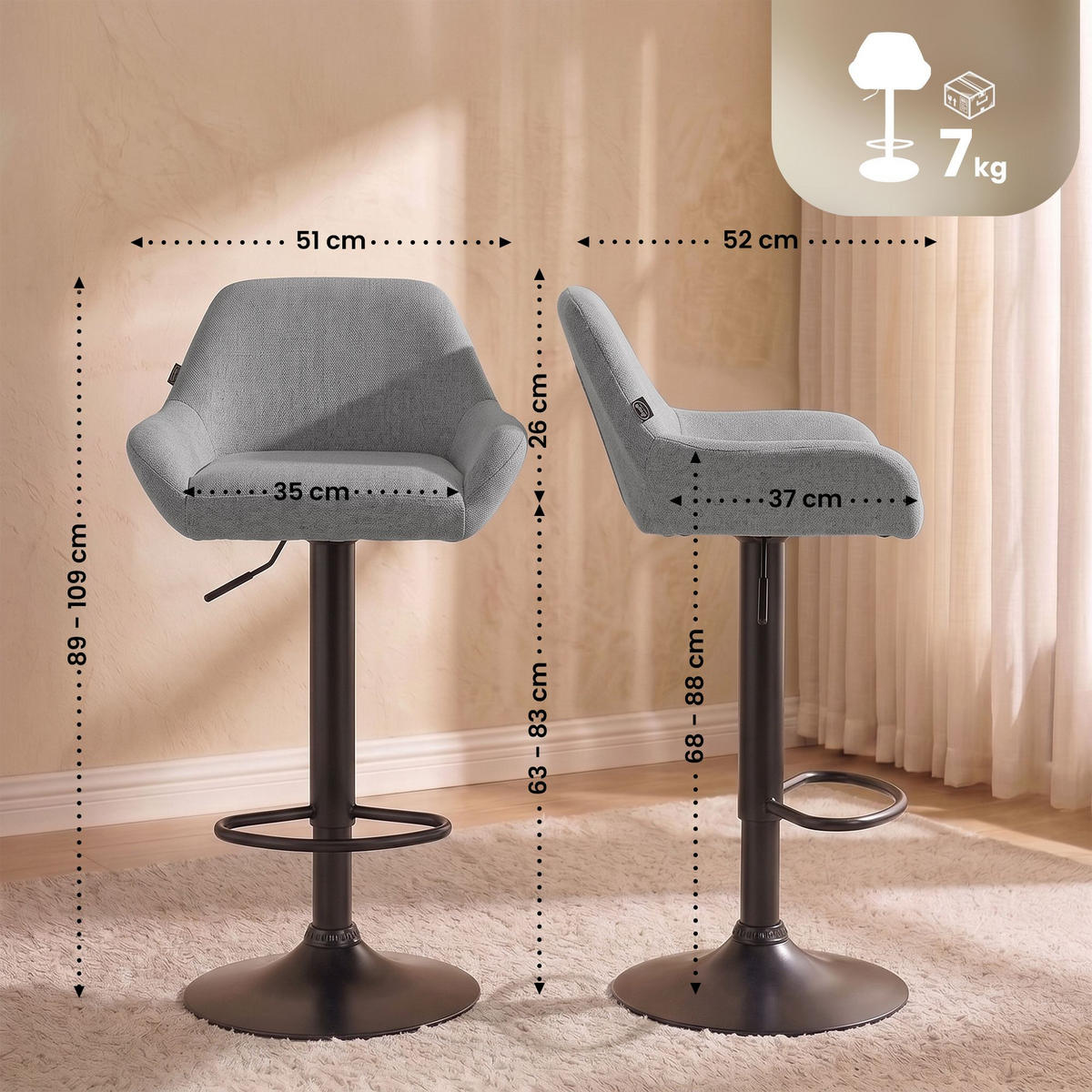 BARHOCKER Stoff grau - Schwarz/Grau, Textil/Metall (51/89/52cm) - CLP