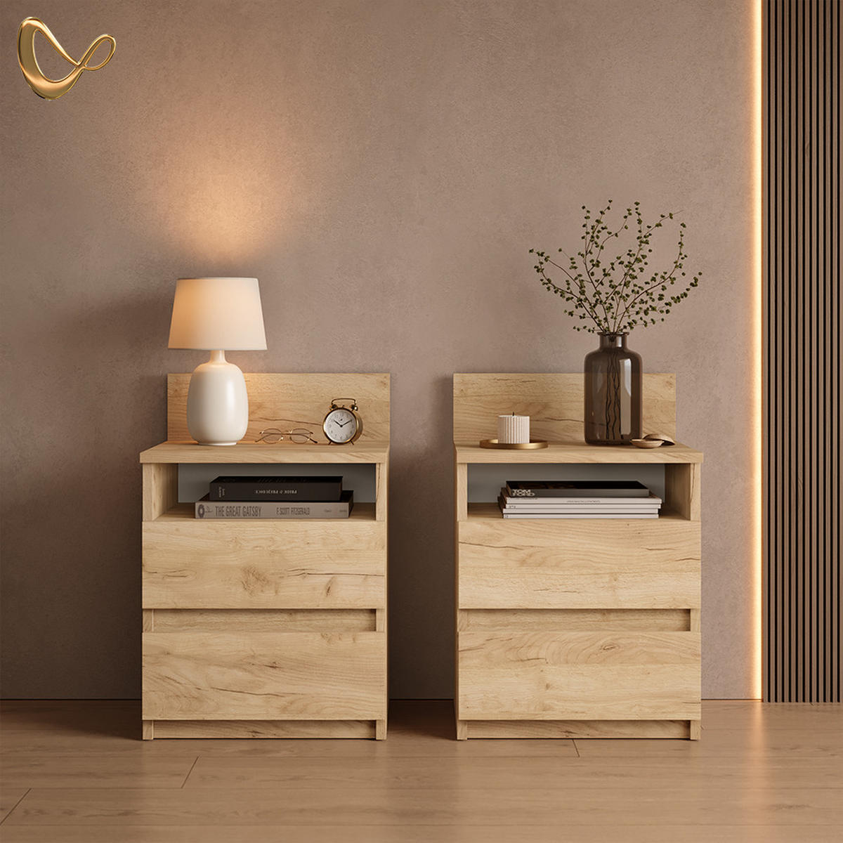NACHTTISCH Roya, Goldkraft Eiche, 39.6 x 59.1 cm - Honigeiche, Holzwerkstoff (39.6/59.1/32.3cm) - Livinity®