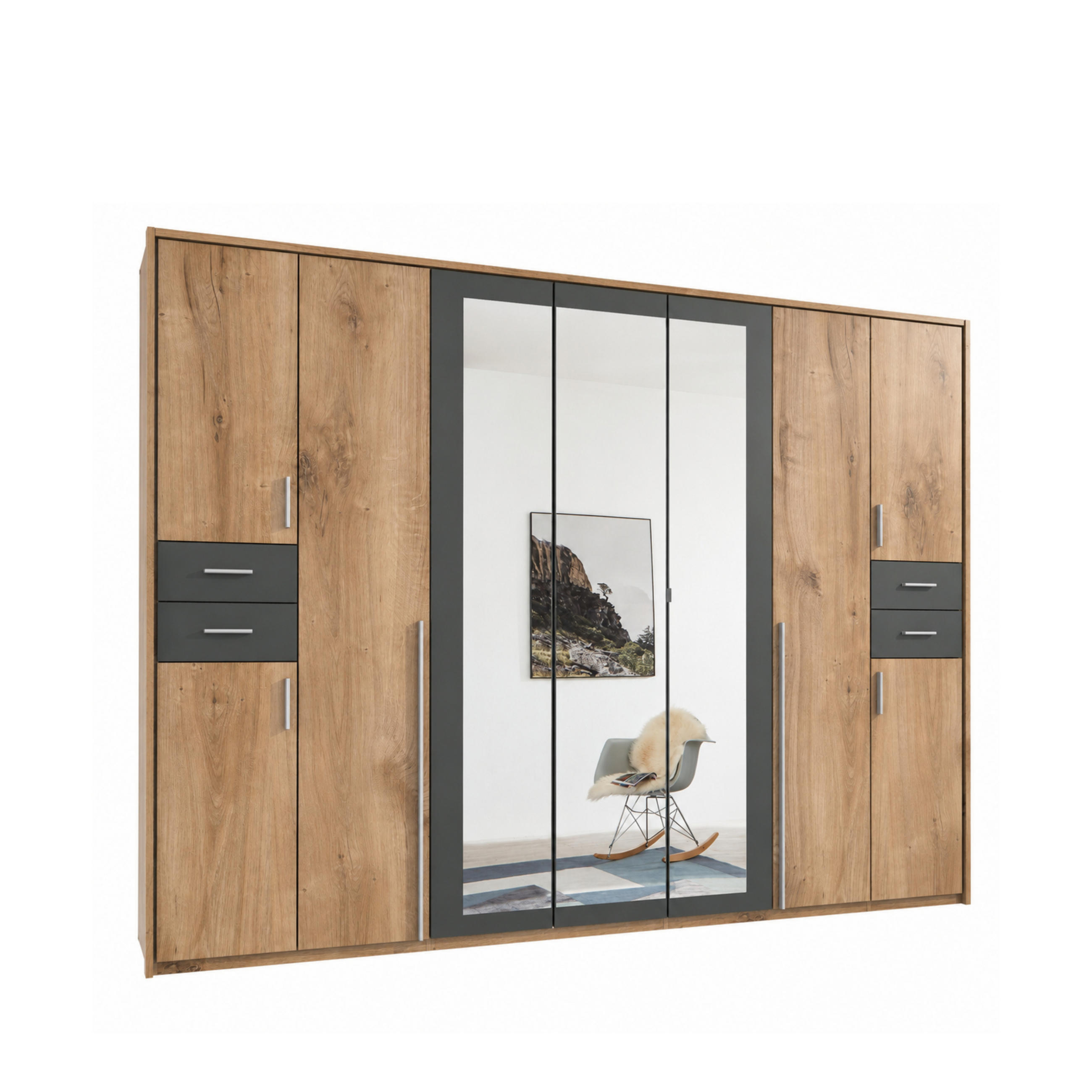 luma-home SKŘÍŇ S OTOČNÝMI DVEŘMI Š313/V210/H58 cm, v dekoru dubu s grafitovými akcenty, s paspartou, 3 zrcadlovými dveřmi a zásuvkami / 22582