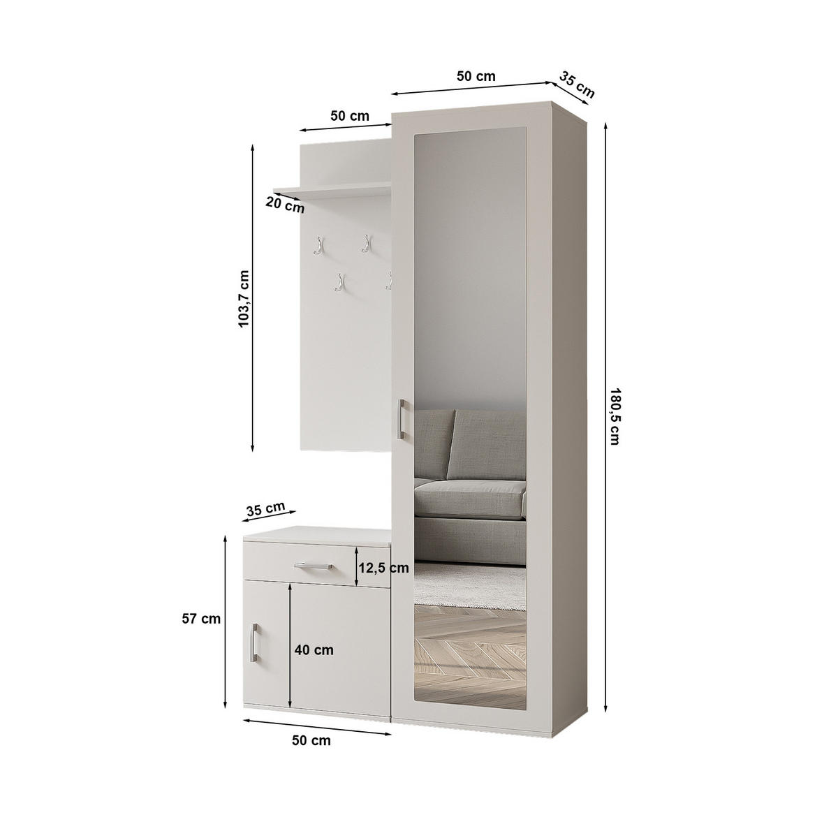 GARDEROBE Patricia 100 cm mit Spiegel, mit Schuhschrank und Schublade, weiß - Weiß, Kunststoff (100/181/35cm) - Margaret Hadas24