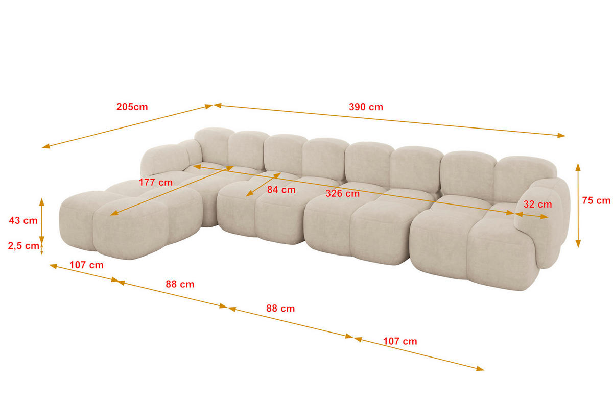 ECKSOFA modulares Sofa Links Miko-L3 390x205x75 Beige Velours - Ecru/Schwarz, Holzwerkstoff/Kunststoff (390/205cm) - ALTDECOR