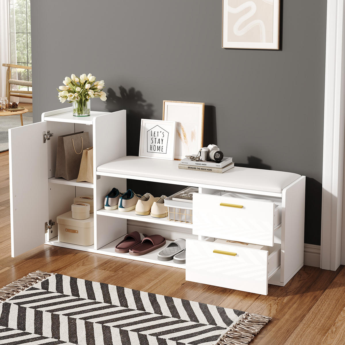 SCHUHSCHRANK mit Sitzbank 128/30/68 cm Weiß Hochglanz mit Schubladen Holzwerkstoff Flur modern - Weiß, Holzwerkstoff (128/68/30cm) - EVRYAE