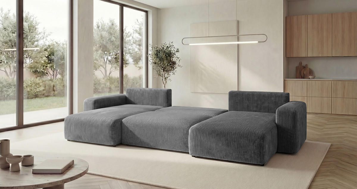 WOHNLANDSCHAFT BERLIN U-Form dunkelgrau Cord Poso 60 - Schlaffunktion, Bettkasten - Anthrazit, Textil (385/86/185cm) - Cornero