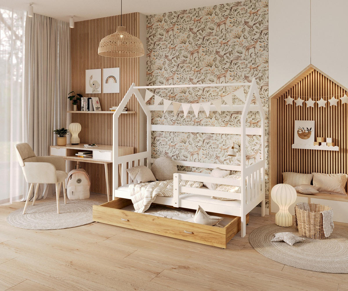 KINDERBETT ALA Hausbett 160x80cm mit Schublade und Matratze Weiß/Kiefer - Kieferfarben, Holz (80/160cm) - Luxkor24