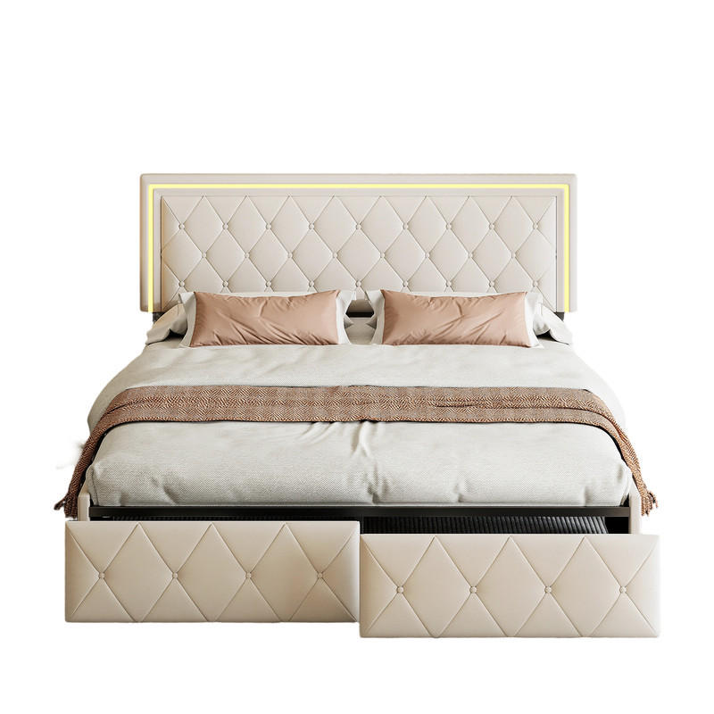 POLSTERBETT 160x200 Beige LED 4 Schubladen - Ecru, Holzwerkstoff (140/200cm) - SHOPENTRA