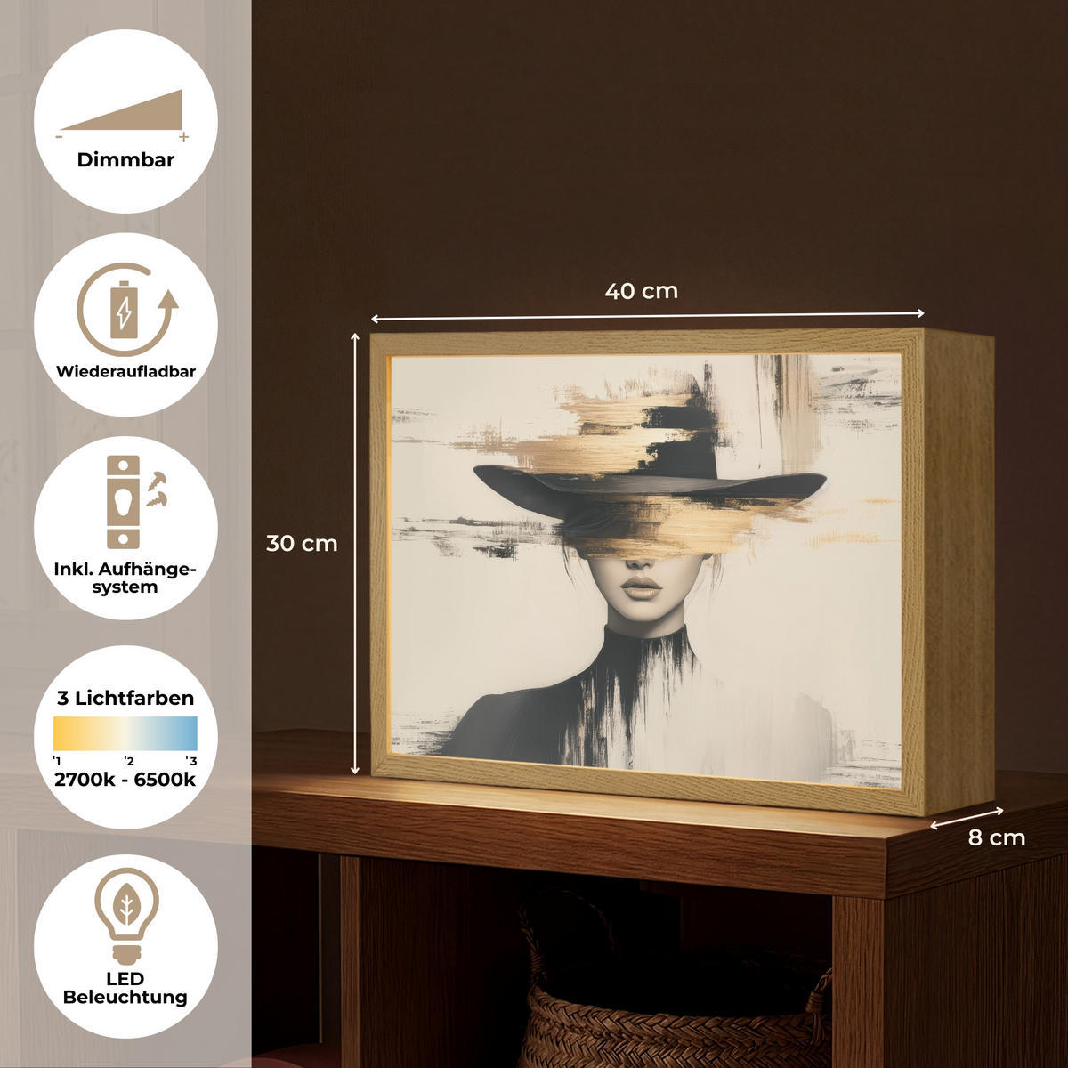 NÁSTĚNNÁ LAMPA S AKUMULÁTOREM Žena - klobouk - barva 40x30 cm - krémová, kompozitní dřevo (40/30/8cm) - OnlyWow