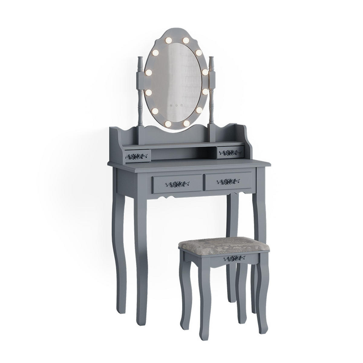 SCHMINKTISCH Maggie Grau 75 cm mit LED Beleuchtung und Hocker - Grau, Holzwerkstoff (75/146.5/40cm) - Vicco