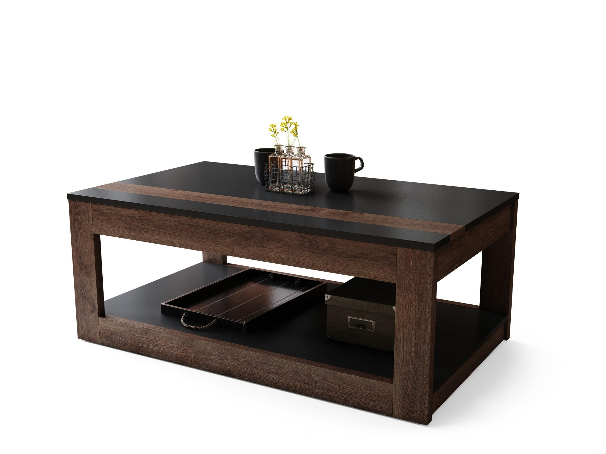 COUCHTISCH rechteckig Schwarz - Eiche dunkel aufklappbar - Schwarz/Braun, Holzwerkstoff (66/112/45cm) - designimpex