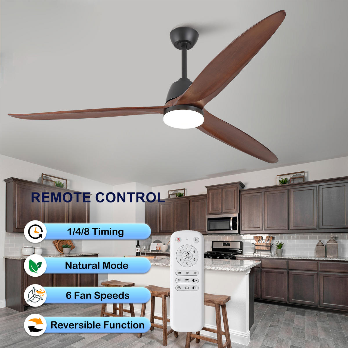 DECKENVENTILATOR DE-16239 72 Zoll dimmbar mit Steuergriff Schwarz - Walnussfarben, Holz/Metall (183/183/45cm) - ComfortXL