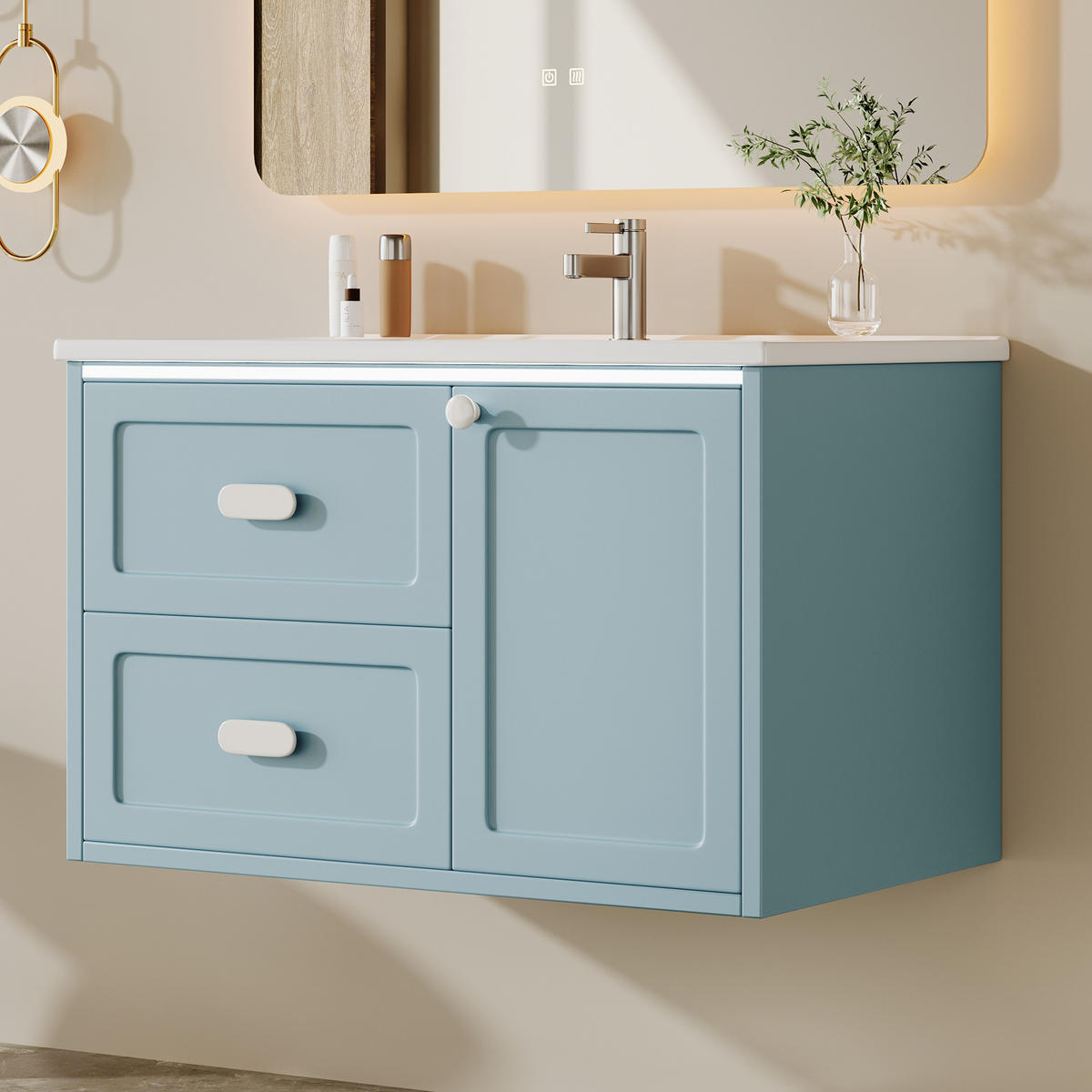 BADEZIMMER-HÄNGESCHRANK 76x46x51 cm Blau aus Keramik & Spanplatte mit Radar-Sensor-LED & 2 Schubladen - Blau, Holzwerkstoff (76/51/46cm) - Modfu