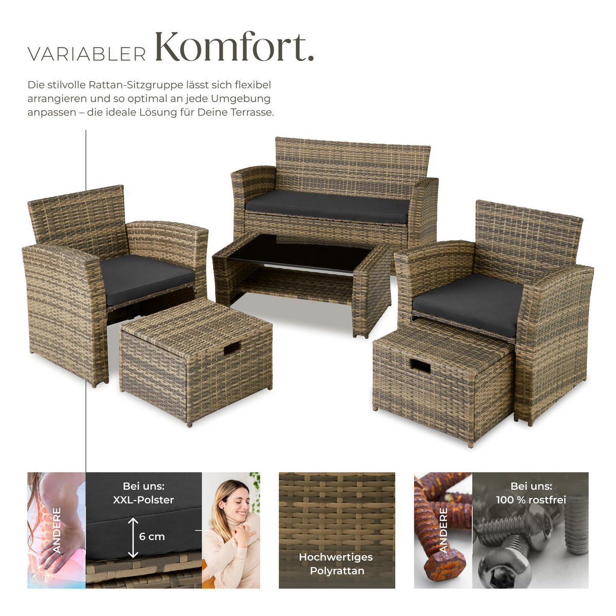 RATTAN SITZGRUPPE Modena,inklusive Staufach und Schutzhülle,natur - Naturfarben, Kunststoff - tectake