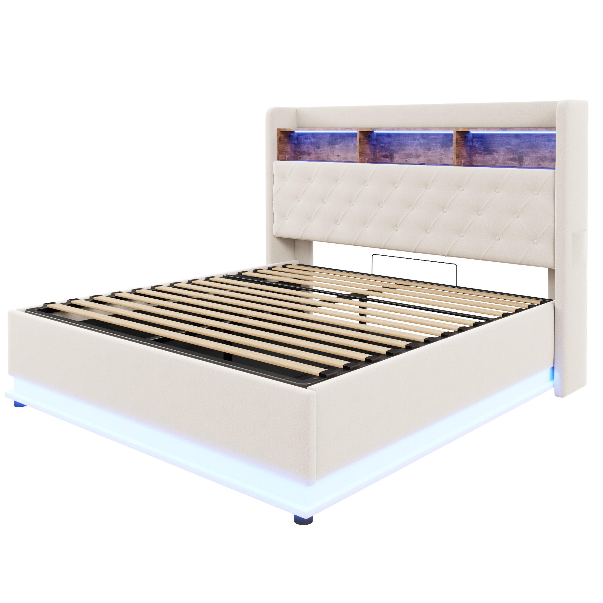 STAURRAUMBETT 180/200 cm DE-01961, in Beige, mit LED, USB und hydraulischem Stauraum - Beige, Metall (180/200cm) - ComfortXL