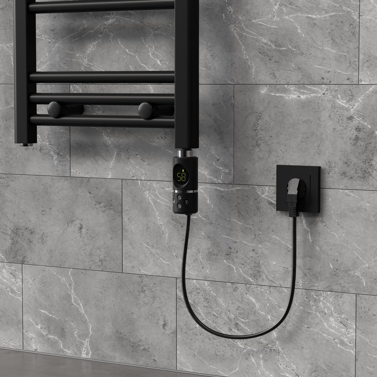 HEIZSTAB 600W Schwarz für Badheizkörper mit Thermostat und Digitalanzeige - Chromfarben, Metall - LuxeBath