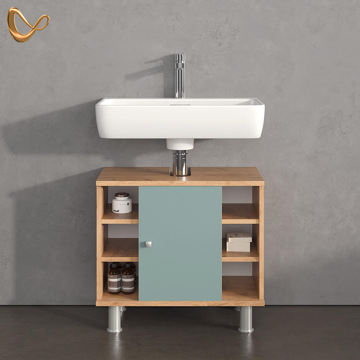 WASCHBECKENUNTERSCHRANK Fucino Grün/Goldkraft Eiche 60 x 54 cm - Eiche Wotan/Grün, Holzwerkstoff (60/54/32cm) - Livinity®