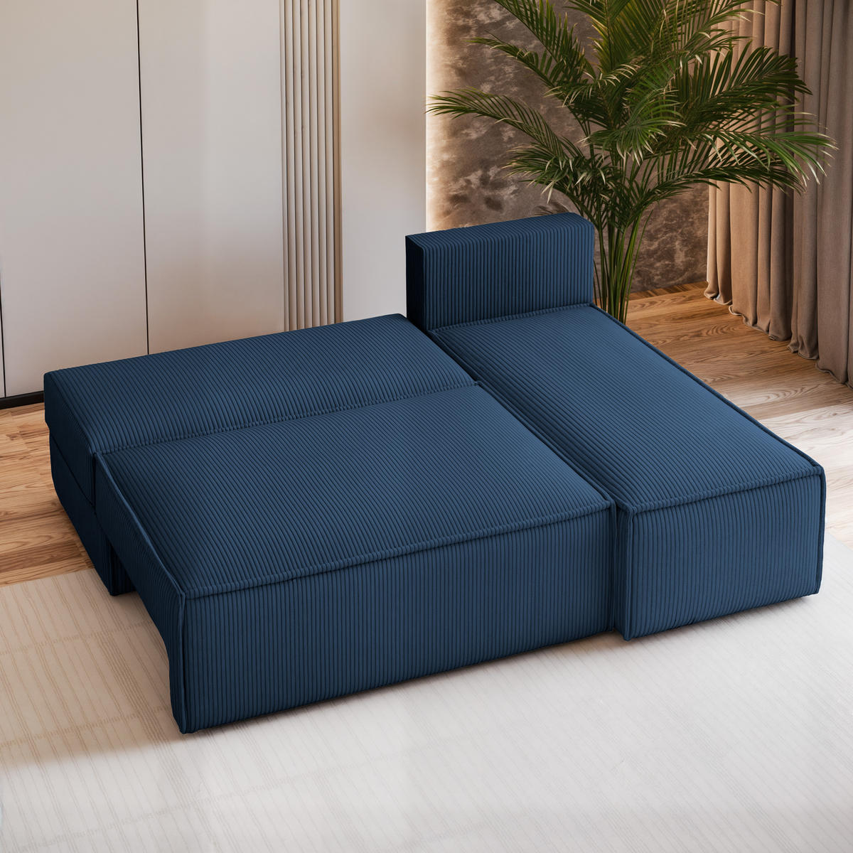 ECKSOFA BRISO P Blau Kordstoff mit Schlaffunktion - Blau, Holz (200/140cm) - MASSENO