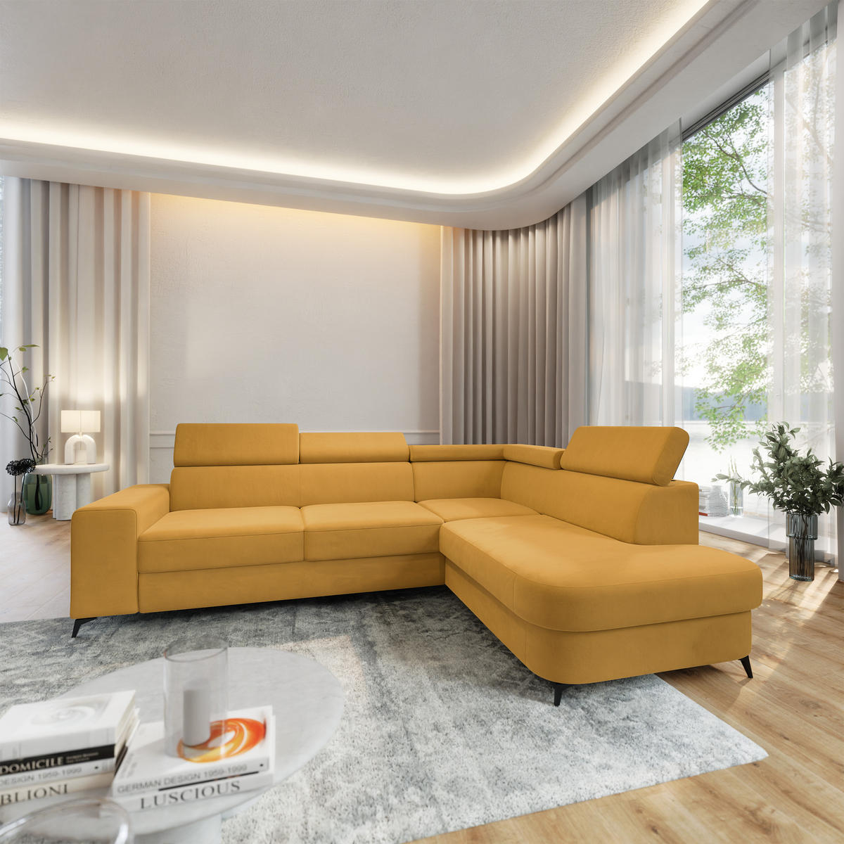 ECKSOFA ALVORO R-S Gelb Velours-Stoff mit Schlaffunktion - Gelb, Holz (253/190cm) - MASSENO