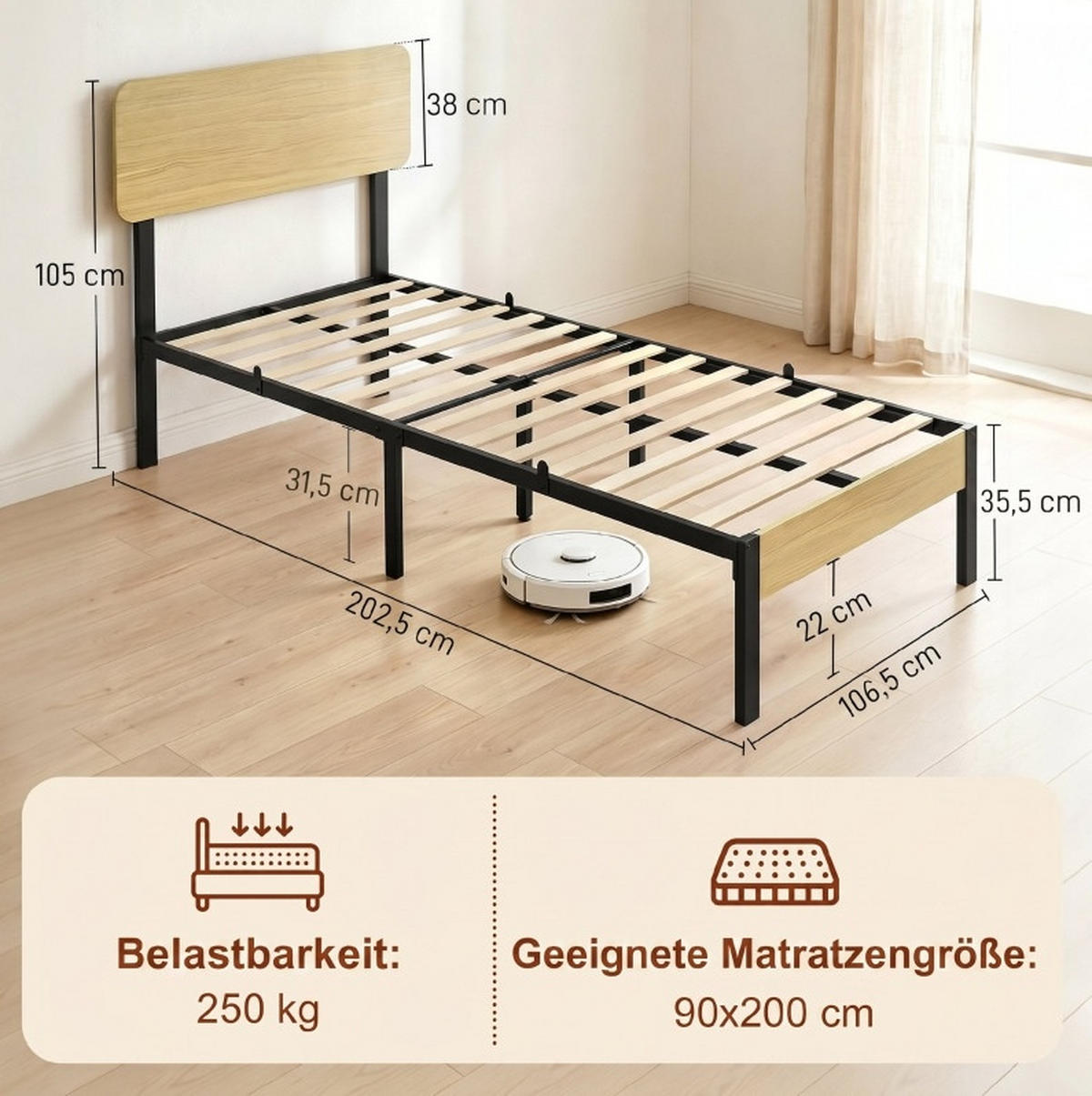 BETT 90/200 cm in Natur/Schwarz mit Kopfteil und Stauraum - Naturfarben, Metall (90/200cm) - Flora Grace