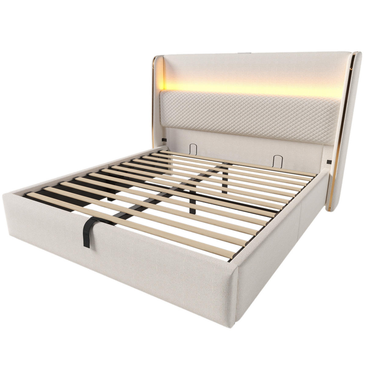ČALÚNENÁ posteľ 160/200 cm béžová s LED, USB a úložným priestorom z ľanovej tkaniny - béžová, textil (160/200cm) - OKWISH