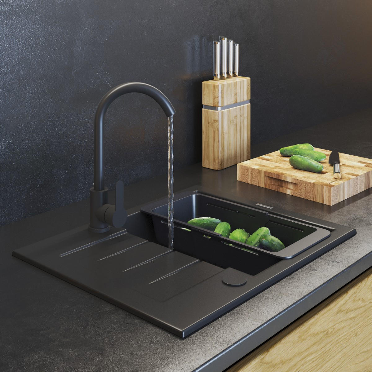 SPÜLBECKEN MILANO mit Siphon - Schwarz, Kunststoff/Stein (46/16/57cm) - Granitan
