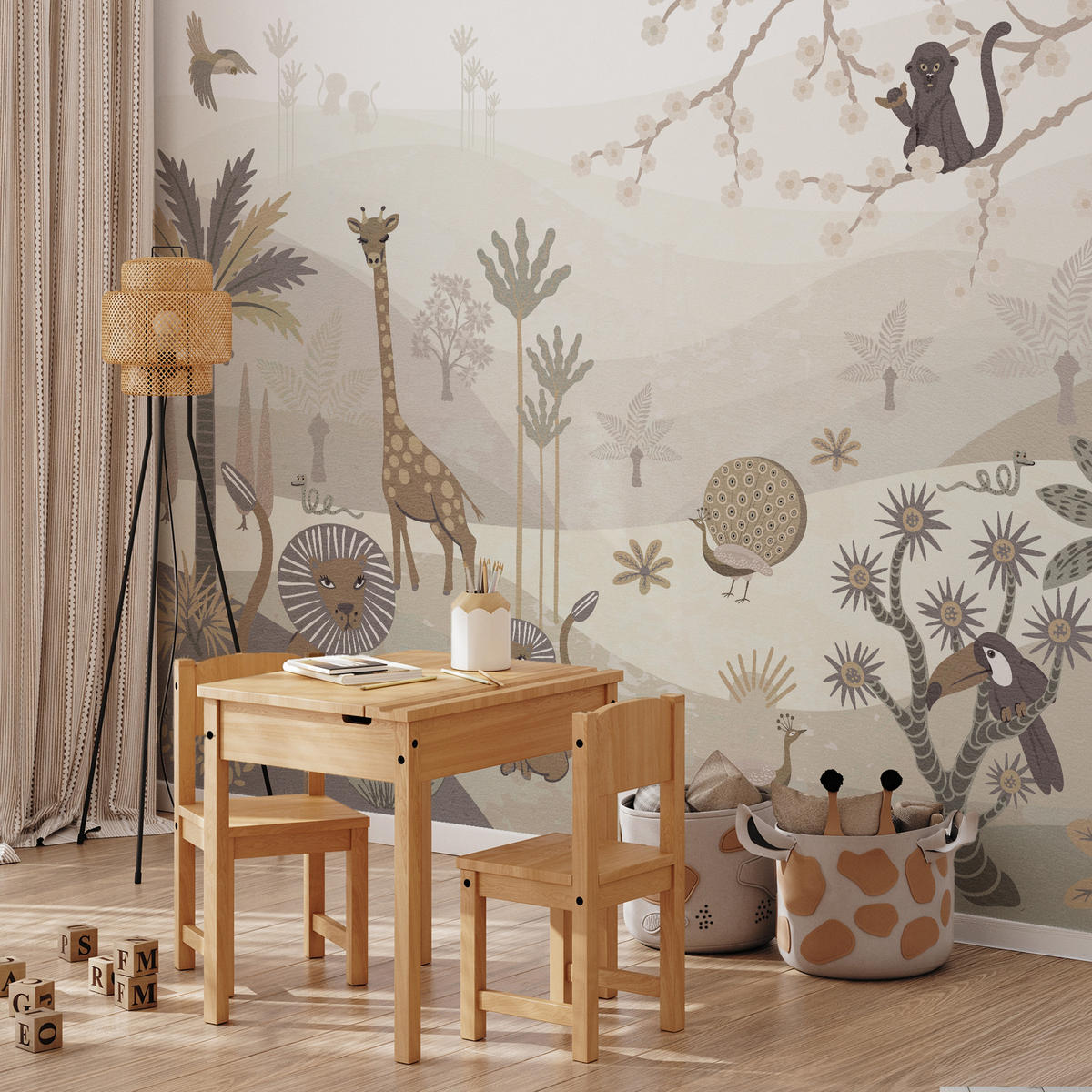 FOTOTAPETE für Kinderzimmer Safari Wilde Tiere Dschungel Boho Palmen Giraffe 500x350 - Beige/Creme, Papier (500/350cm) - Muralo
