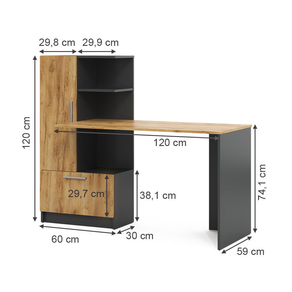SCHREIBTISCH Tomy Anthrazit/Goldkraft Eiche 150 x 59 cm - Anthrazit/Eiche Wotan, Holzwerkstoff (59/150/120cm) - Vicco