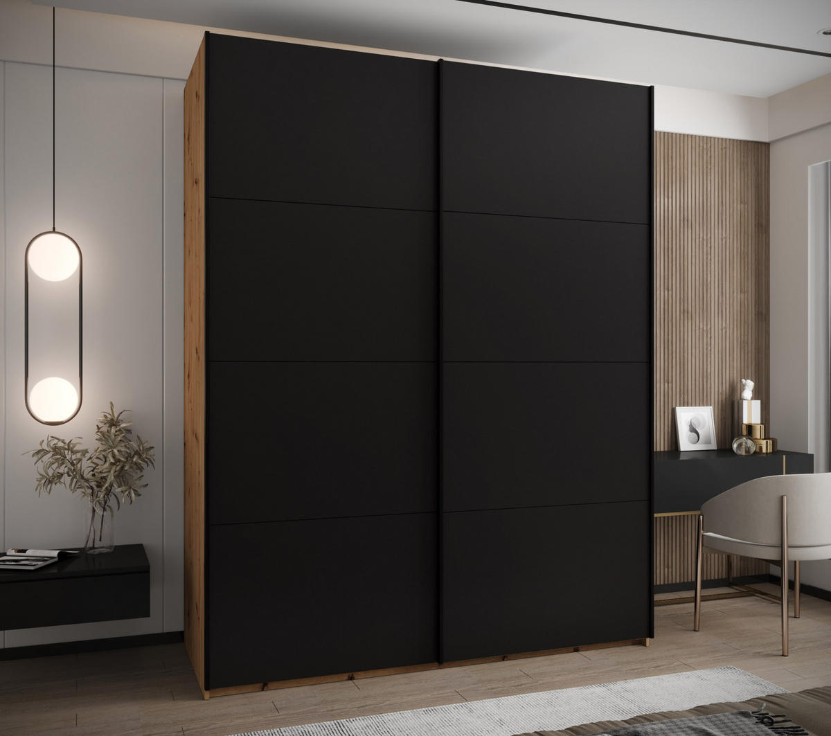 SCHWEBETÜRENSCHRANK 245,5/190/64 2-türig - Schwarz/Eiche Artisan, Holz/Metall (190/245/64cm) - Abiks Möbel