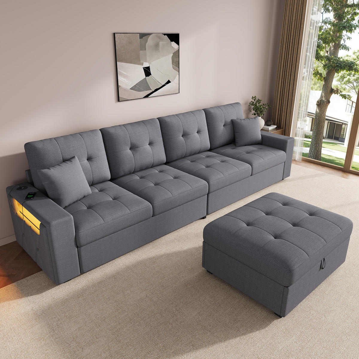 ECKSOFA 253/144.5/80.7 cm Antikgrau mit Aufbewahrungshocker, LED Stimmungslicht und Stauraum - Grau, Kunststoff/Textil (253/144.5cm) - Oxeza